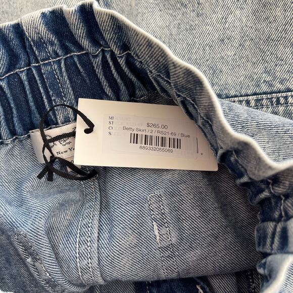 NWT SEA Betty Acid Wash Mini Skirt Size 2 Blue Denim High Waist Paperbag Chic - Picture 15 of 16